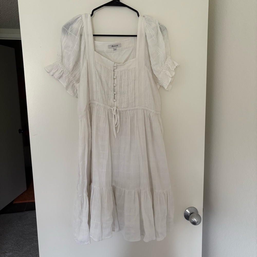 Madewell White Tiered Mini Dress with Puff Sleeves